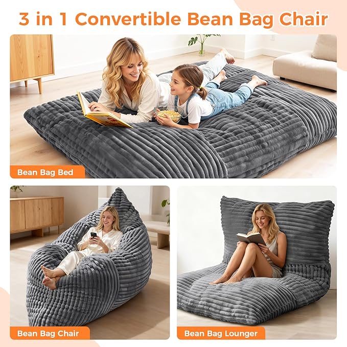 3 in 1 Giant Bean Bag Chair, Convertible Bean Bag Bed for Adults and Kids, Oversized Comfy Memory Foam Floor Sofa with Machine Washable Cover for Living Room, Bedroom & Dorm(Grey)