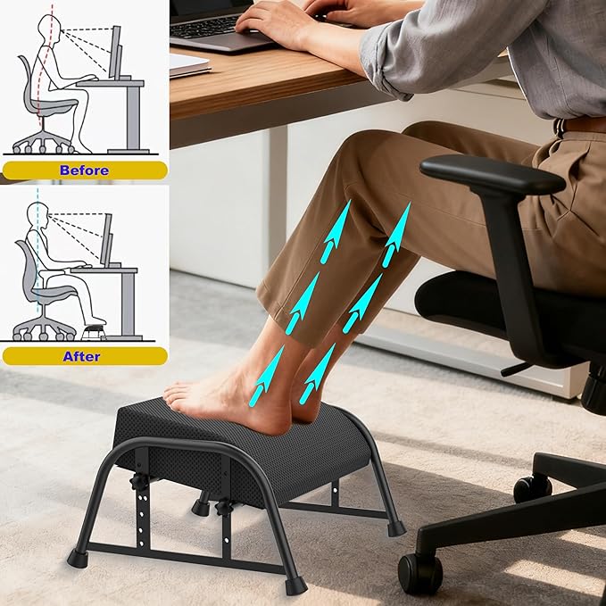 Foot Rest for Under Desk at Work, 10-Level Height Adjustable Ergonomic Foot Stool with Removable Soft Memory Foam Pad, Office & Gaming Desk Accessories for Leg Support（Black 2 USE
