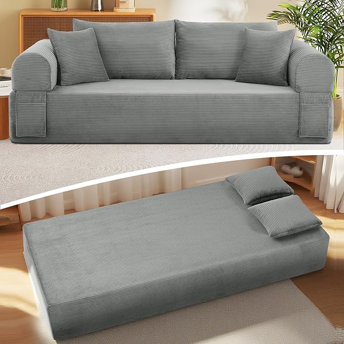83" Sofa in a Box, 3 Seater Couch No Assembly Boneless Sofa Bed with Cushion Back 2 Pillows Deep Seat Corduroy Fabric Side Storage Pockets for Living Room, Bedroom, Apartment, Office, Light Grey