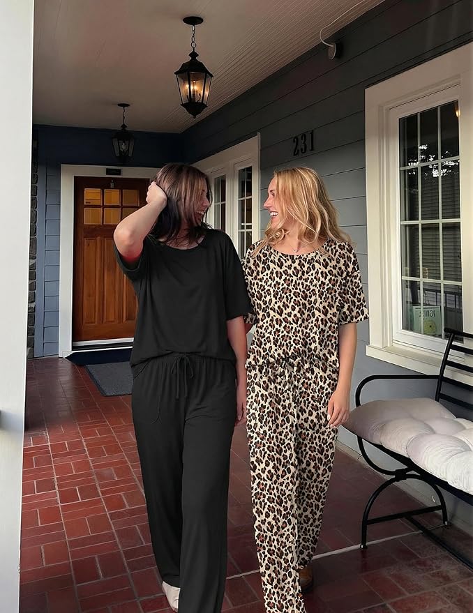 Ekouaer 2 Pack Womens Pajama Sets Short Sleeve Tops and Long Pants Casual Comfy Pjs Lounge Set with Pockets,S-XXL
