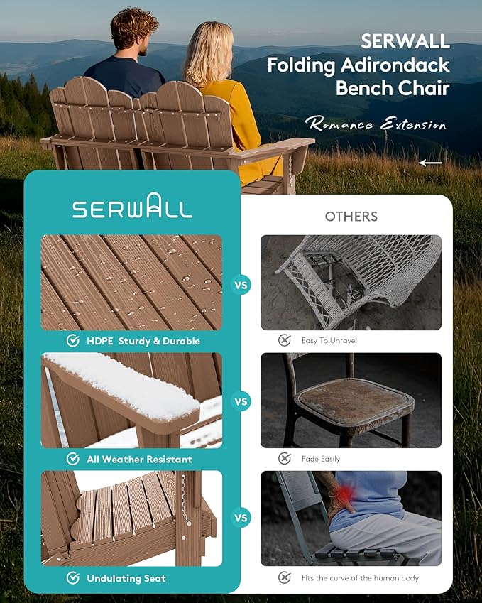 SERWALL 2 Person Adirondack Loveseat, HDPE All-Weather Folding Adirondack Bench Chair, Outdoor Adirondack Chair Set of 4, Brown