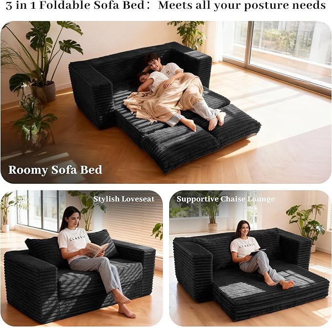 HABUTWAY Convertible Folding Sofa Bed Couch,3 in 1 Pull Out Couch Bed,Loveseat Sleeper Sofa Bed,Boneless Couches with Pillows for Living Room Bedroom, Black