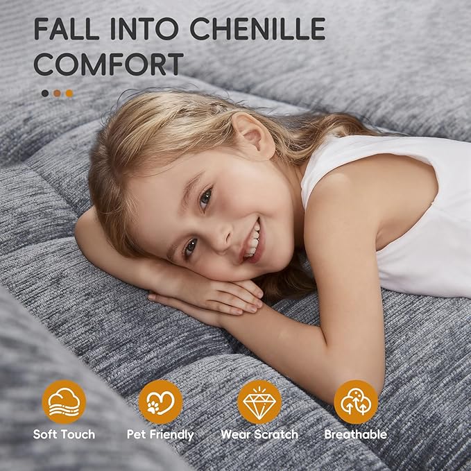 4-in-1 Folding Sofa Bed, Easy Assembly Chenille Boneless Couch, Convertible Sleeper Chair with Back Support, Small Floor Futon Sofa for Living Room & Bedroom, Single (Grey)
