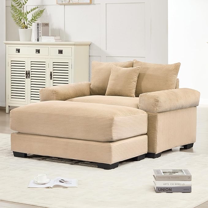 KEIKI 54" Oversized Corduroy Modular Sectional Single Sofa with 1 Ottoman, High-Density Foam Cushions, Extra-Thick Armrests, Modern 1-Seater Lounge Accent Chair with 3 Pillow, for Living Room, Camel