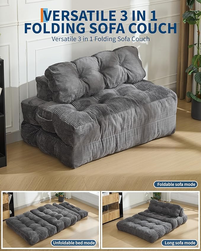 Garvee Folding Sofa Bed, Convertible Sleeper Chair with Pillow Foldable Mattress with Back Support, Boneless Fold Out Chair Bed Comfy Floor Sofa Lounge for Living Room, Bedroom, Dark Gray, Full