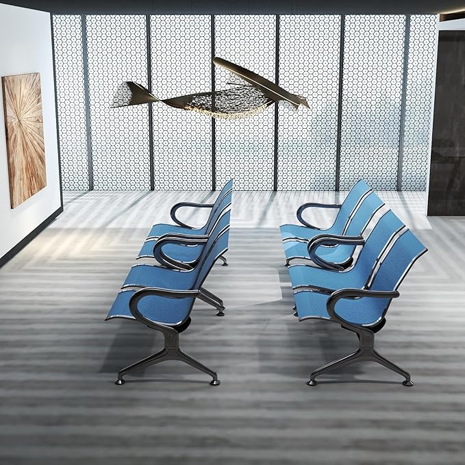 Kinfant 2-Seat Waiting Room Chair - Office Guest Reception Chairs with Ergonomic Backrests, Airport Waiting Bench with Armrests, Metal Waiting Furniture for Hospital, Bank, Salon (Blue, Set of 4)