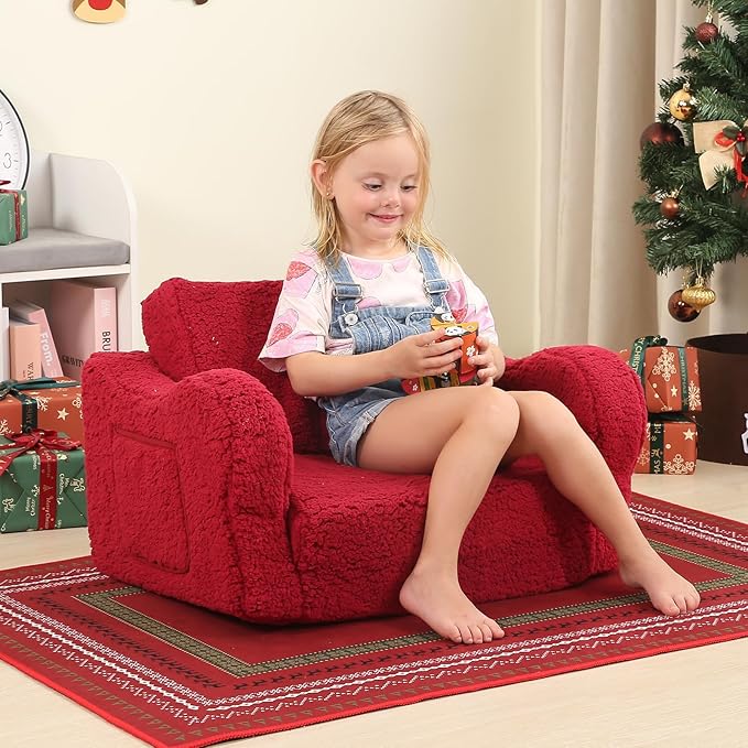Kids Sofa, 2-in-1 Flip-Out Foam Couch with Soft Sherpa Cover, Cozy Play Lounge Chair, Red