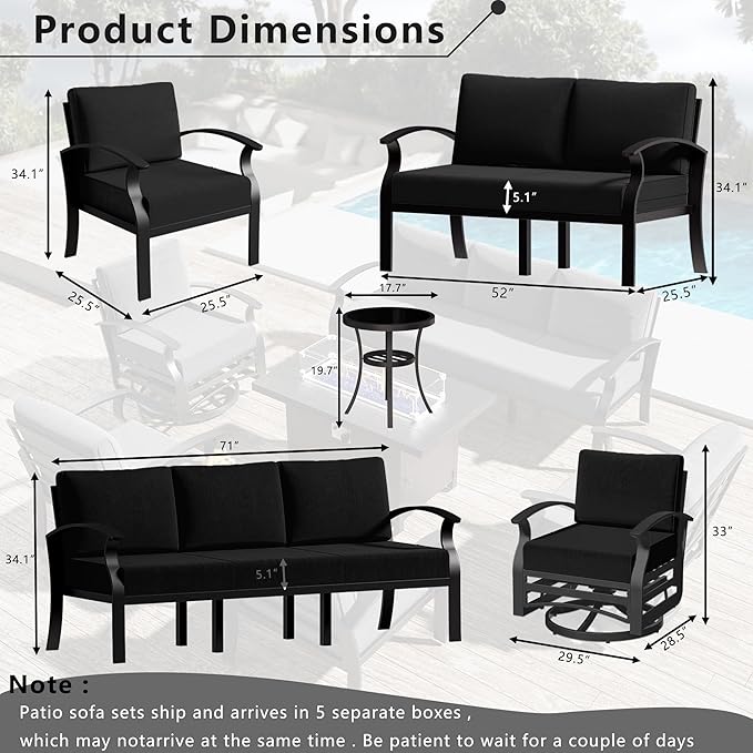 RTDTD Aluminum Outdoor Patio Furniture Set,5 Pieces 7 Seats Patio Conversation Sets with 45" Propane Fire Pit Table,Metal Patio Sectional Furniture Set w/5.1" Cushions for Porch,Deck,Backyard,Black
