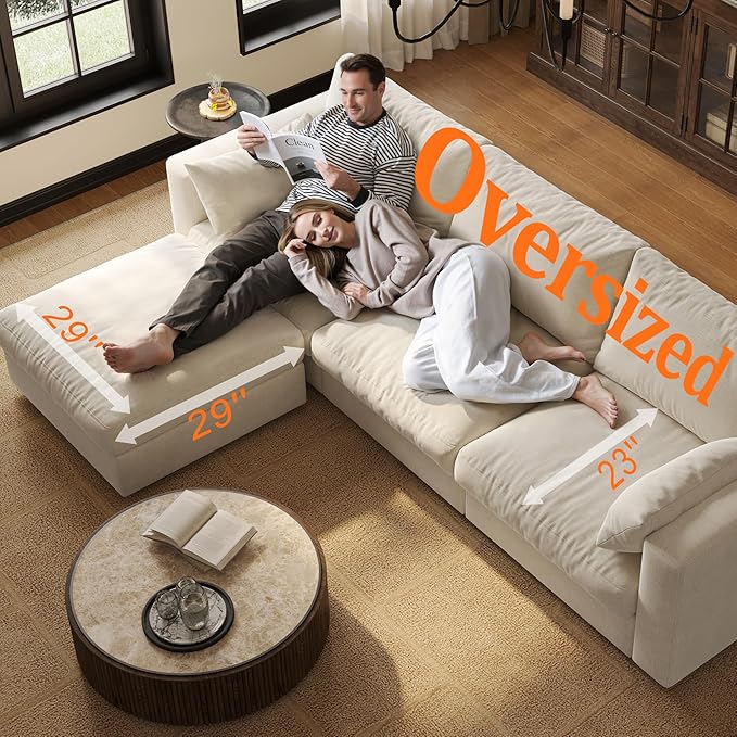 Cloud Modular Sectional Sofa Couch with Storage Ottoman, 128" Oversized Sectional Couches for Living Room, Cloud Modular U-Shaped Sofa with Chaise, 7 Seater, Chenille, Beige