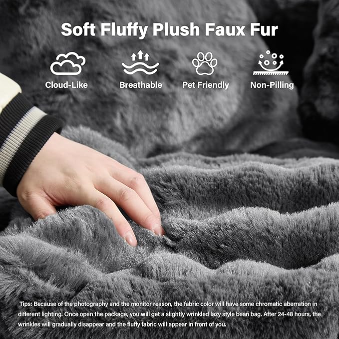 Oversized Chaise Lounge Chair Indoor with Ottoman 55" W x 75" L Round Reading Chair Plush Faux Fur Corduroy Cloud Circle Boneless Chair with 5 Pillows for Living Room - Grey