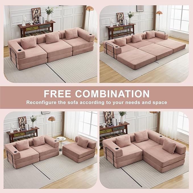 118" Oversized Convertible Floor Sofa Bed, Boneless Foldable Mattress Cloud Couch with Pillow Back & Armrest, Fold Out Floor Couch with Cup Holder for Living Room Bedroom Lounge, Corduroy, Pink