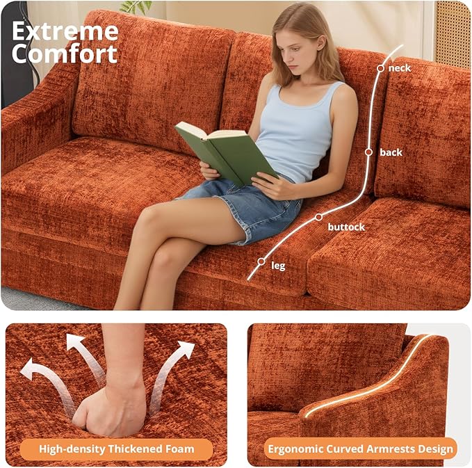 ACMEASE 83 Inches Chenille 3-Seat Sofa w/Comfortable Back Cushions, Modern Sofa w/Deep Seat Space, Upholstered 3 Seater Couch w/High Resiliency Foam for Living Room, Orange
