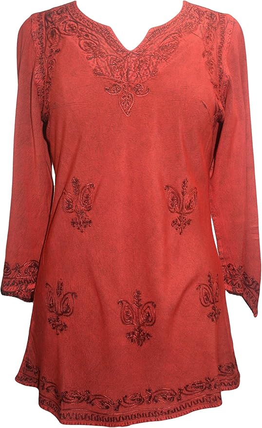 Agan Traders 2025 Winter Long Sleeve Diamond Neck Embroidered Tops - Medieval Boho Vintage Tunic Kurta Blouses for Women