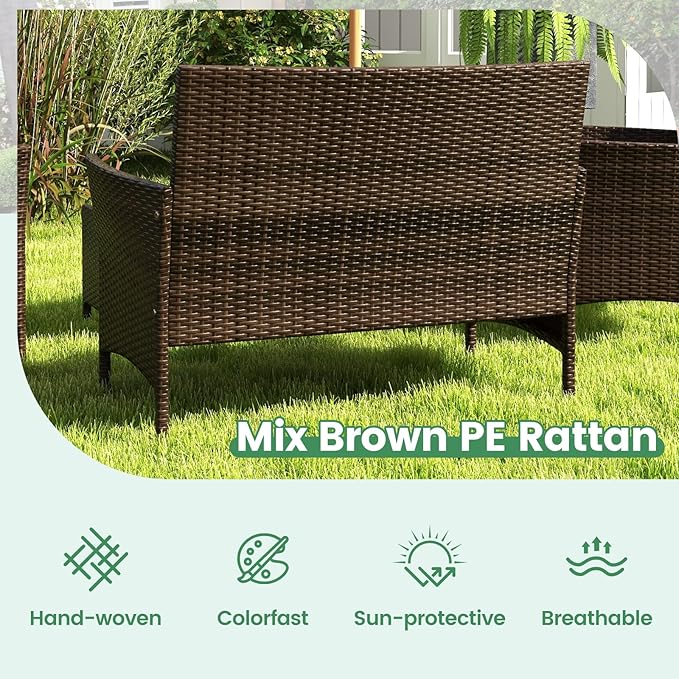 RELAX4LIFE 4-Piece Patio Furniture Set - Rattan Outdoor Conversation Bistro Set w/Cushions, Glass Coffee Table, Wicker Chairs & Loveseat for Garden Backyard Porch, Balcony Furniture Set (1, Grey)
