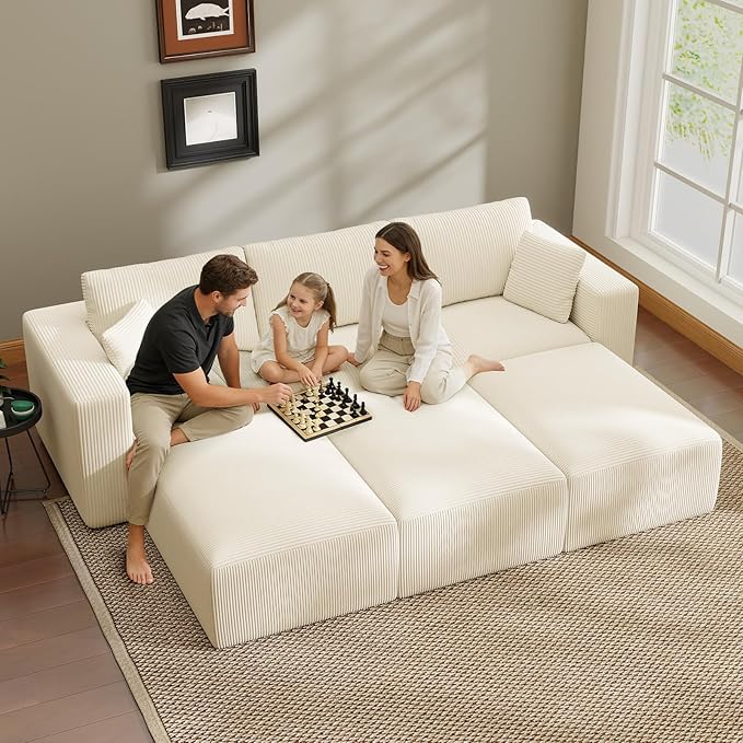110" Modular Sectional Sofa, Cloud Couch Memory Foam Boneless Couch with Ottoman, Cozy Upholstered Corduroy Floor Couch, No Assembly Required Living Room Furniture for Apartment Home Decor, Beige
