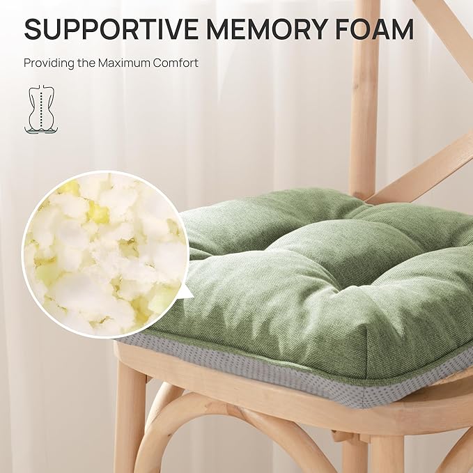 Love's cabin Memory Foam Chair Cushions Set of 4, Outdoor/Indoor Chair Pads for Dining Chairs 4 Pack, Seat Cushions for Kitchen, Dining Room, Office, Patio Chairs, 15.5"x15.5"x3.5" Green