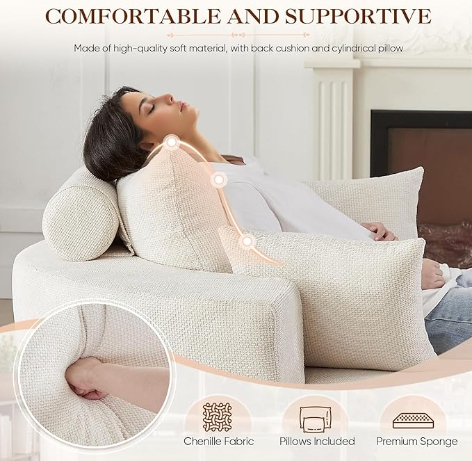 Antetek Oversized Round Chaise Longue Chair Indoor, Modern 55-inch Upholstered Waffle Chenille Deep Seat Circle Single Cloud Lounge Floor Sofa Chair for Living Room, Bedroom Apartment, Beige