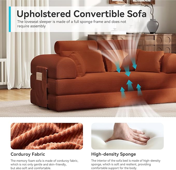 ZQRhome 79" 5-in-1 Convertible Sofa Bed, Modern Sleeper with Heavy Duty Frame, Plush Corduroy & 2 Pillows, No Assembly Couch for Entertainment & Lounge, Orange