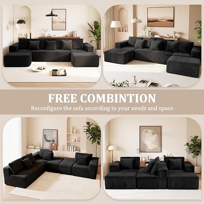 132" U Shaped Modular Sofa, 4-Seater Sectional Cloud Couch with Chaise, Soft Corduroy Boneless for Living Room, No Assembly Required, Free Configuration, Black