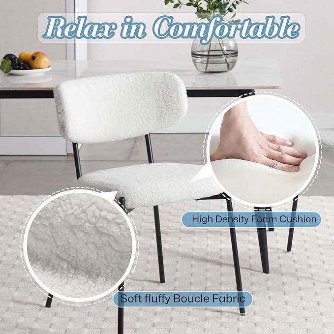 KCC Boucle Dining Chairs Set of 2, Modern Mid-Century Upholstered Stylish Kitchen Chairs Sherpa Accent Diner Chairs with Metal Legs and Curved Back for Kitchen, Dining Room(White)