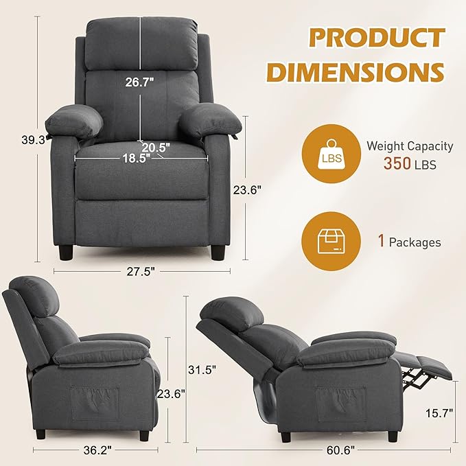 Recliner Chair, Living Room Chairs for Adults, Padded Deep Seat Reading Chair with Side Pockets, Small Recliners for Small Spaces, Lounge Chair for Living Room, Bedroom, and RV (Linen)