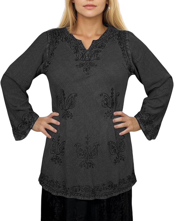 Agan Traders 2025 Winter Long Sleeve Diamond Neck Embroidered Tops - Medieval Boho Vintage Tunic Kurta Blouses for Women