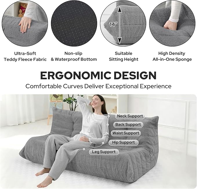HABUTWAY Bean Bag Chairs Fireside Lazy Floor Sofa, Soft Teddy Fleece 3 Seater Sofa with High-Resilience Foam Filling，Beanbag for Living Room, Bedroom, Office (Light Gray Teddy)