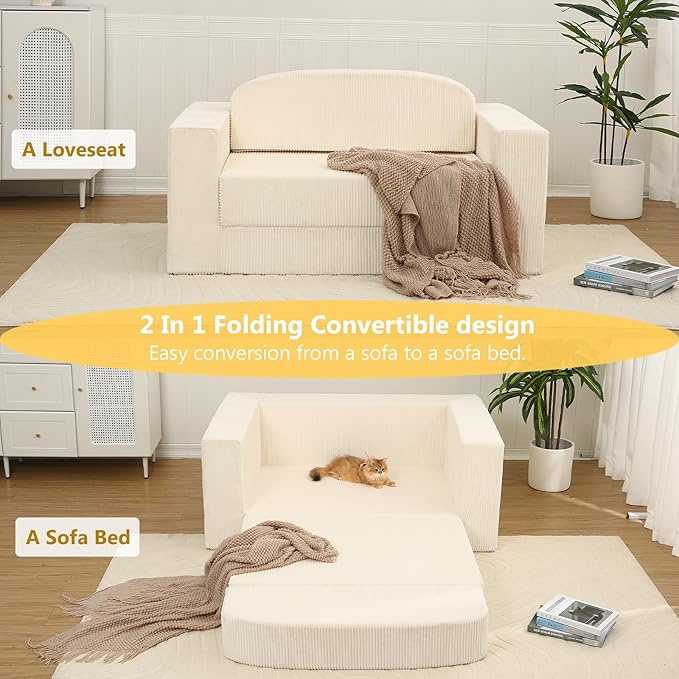 MeMoreCool Convertible Sofa Bed – Small Beige Fold Out Couch for Adults, Corduroy Floor Sleeper Loveseat Compact Trifold Sofa | Boneless Cloud Couch | No Assembly | Guest Bed for Bedroom & Apartment