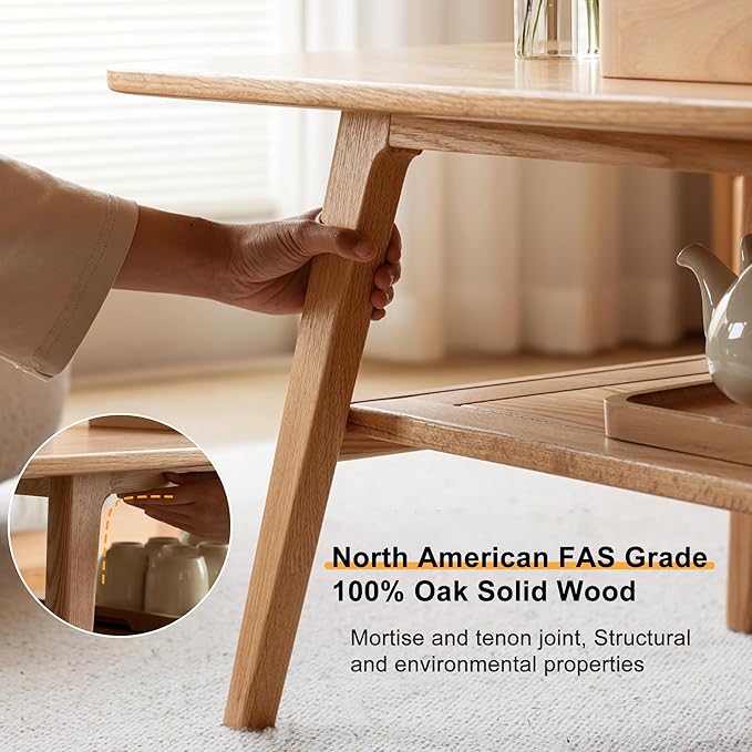 QKFF Modern Solid Wood Coffee Table, 2-Tier Small Wooden Coffee Table with Storage Shelf for Living Room, Apartment, Office, Natural (40''D x 20''W x 18''H)