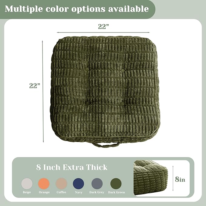 8" Washable Floor Pillow Cushion for Adults, Meditation Cushion Pillow, Removable Tufted Blended Corduroy Cover, Large Square Floor Sitting for Tatami Living Room or Yoga, 2Pack, Machine Washable