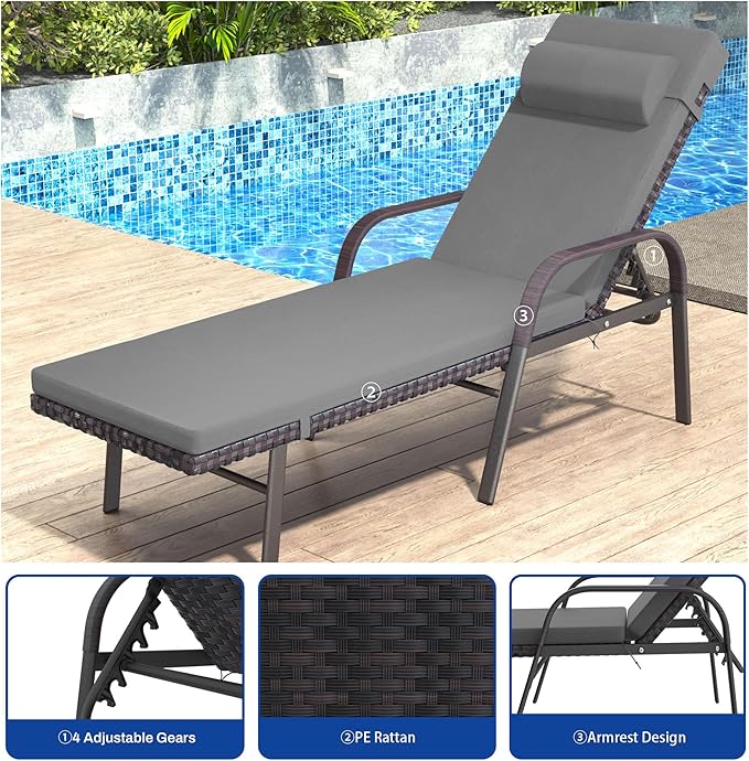 Trumbeak Patio Chaise Lounge Set 3 Pieces Pool Lounge Chairs,Cushioned Outdoor Folding Lounge Chair w/Arm and Rattan Adjustable Backrest for Poolside Porch,Folding Table Included,Grey