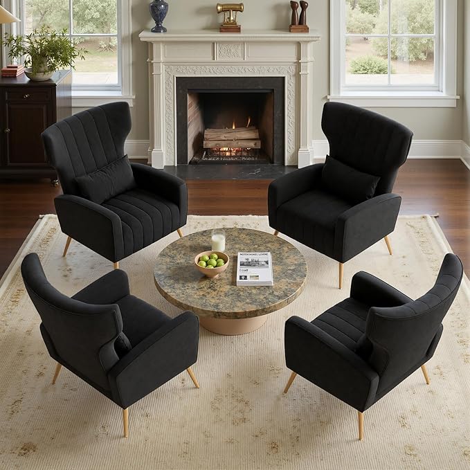 Nalupatio Modern Accent Chairs for Set of 4 Upholstered Velvet Fabric Reading Chair Mid Century Arm Chair Comfy Armchair for Living Room,Black