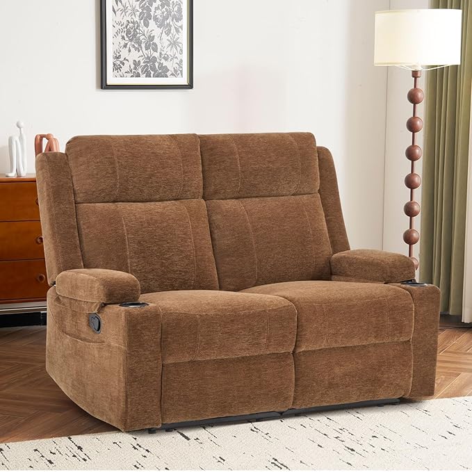 PALLOME Manual Reclining Loveseat Sofa, 2-Seater Recliner Couch with Cup Holders, Fabric Reclining Sofa for Living Room/RV (Brown)
