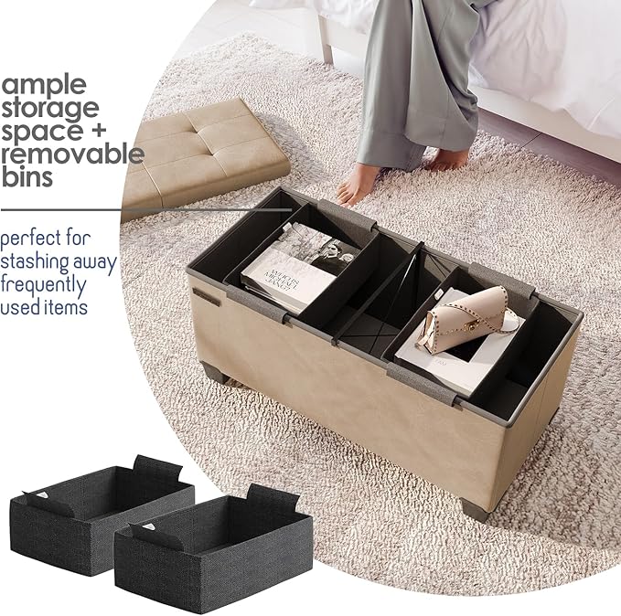 Storage Ottoman Bench with Bins, 30-in Storage Bench for Bedroom End of Bed, Folding Foot Rest Ottoman for Living Room Max 660lbs, Faux Leather Ottomans, Taupe