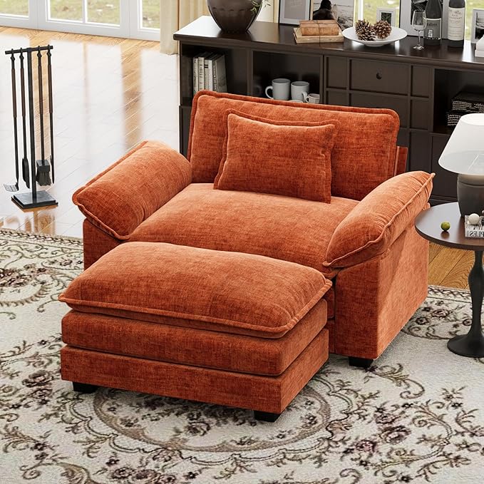 CDCASA 50'' Oversized Chair with Ottoman, Chenille Comfy Cloud Sofa Accent Chair w/Large Seat and Armrest, Modern Extra Wide Armchair Reading Chairs for Bedroom, Living Room, Terracotta Orange