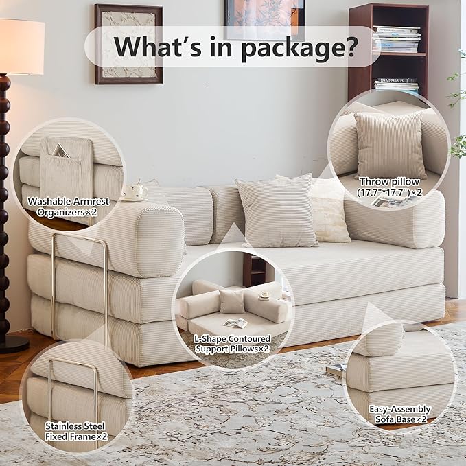 LIAROO 78.8" Convertible Sofa Bed -Compression Sofa with Corduroy Fabric - with Armrests and Backrest - Modular Sectional for Living Room, Bedroom, Studio - Compression Sofa in Box (Beige)