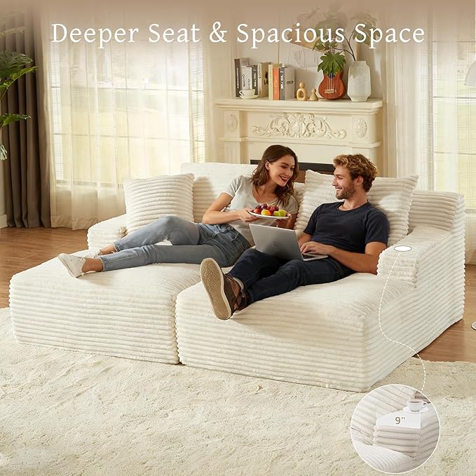 VEPXXP 80" Double Chaise Lounge Chair Indoor, Oversized Boneless Couch Comfy Upholstered Sleeper Sofa Bed with 4 Pillows, Corduroy Cloud Loveseat Chair for Living Room No Assembly Required, White