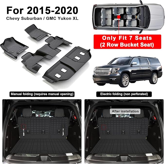 Floor Mats for 2015-2020 Chevy Chevrolet Suburban/GMC Yukon XL 7 Seats (Not for Yukon) (2nd Row Bucket Seats) & Cargo Mat & Backrest Mat,TPE All Weather Protection Full Set Accessories
