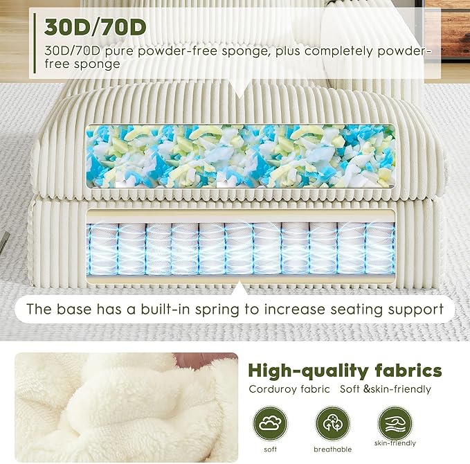 Oversized Chaise Lounge Sofa Chair Indoor，Soft Corduroy Fabric, Boneless sofawith Cushion，A Comfortable, deep-Seated Cloud Sofa for use in The Living Room.(Singler-Right-arm-White)