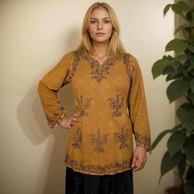 Agan Traders 2025 Winter Long Sleeve Diamond Neck Embroidered Tops - Medieval Boho Vintage Tunic Kurta Blouses for Women