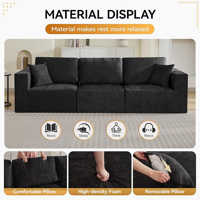 115'' Comfy Boneless Couch, Upholstered Deep Seat Modular Cloud Sofa, No Assembly Chenille Compression 3 Seater Sofa Couch for Living Room, Black
