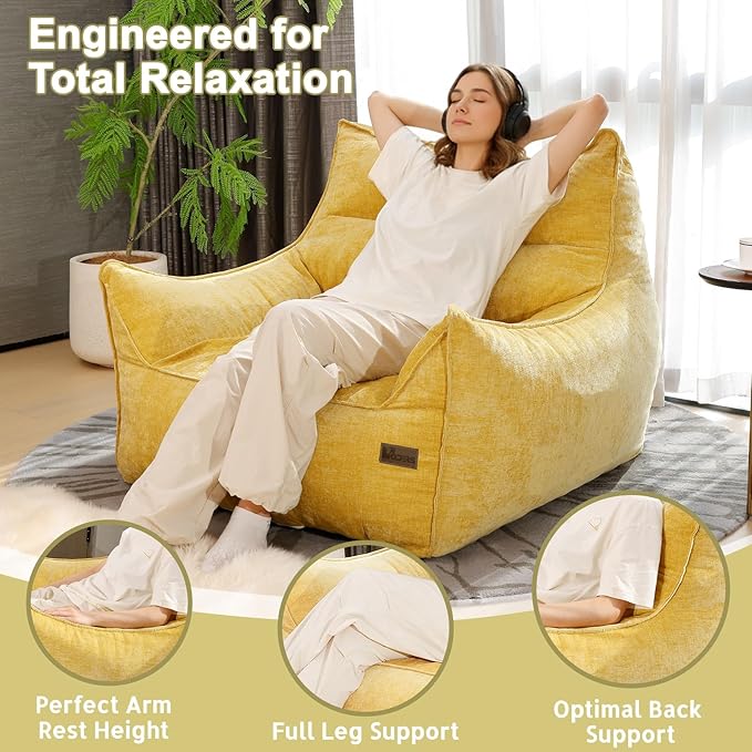 Giant Bean Bag Chair, Beanbag Chairs for Adults, Teens & Kids, Comfy Sofa Chair with Handle & Filling for Living Room, Reading & Gaming, Non-Slip(Yellow-XL)