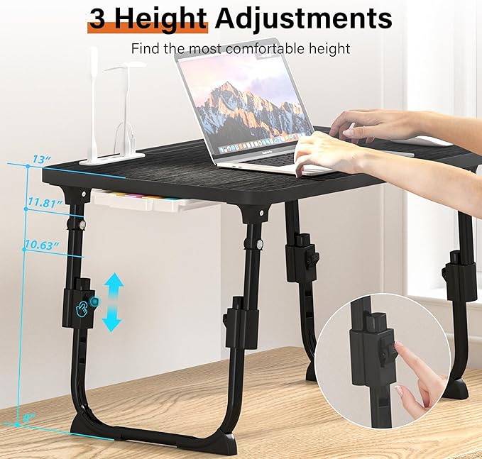 DECOSIS Laptop Desk for Bed Height Adjustable, Lap Bed Table with USB/Storage Drawer/Cup Holder/Tablet Stand/Book Shelf, Foldable Breakfast Tray Portable for Reading Writing, Sofa & Floor, Black