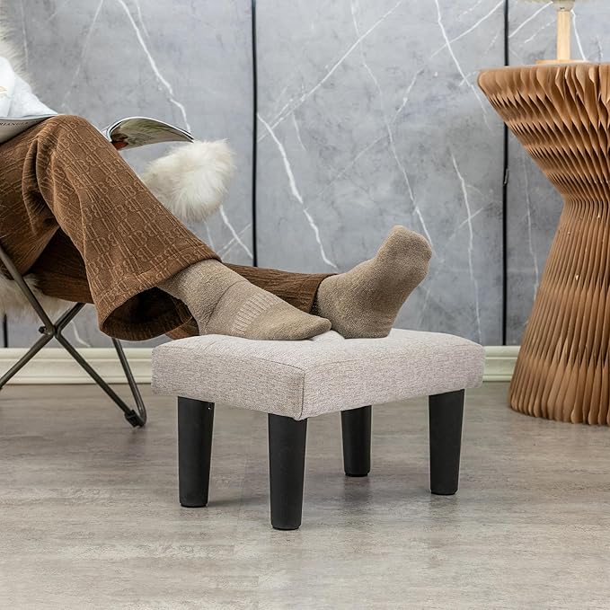 CAROLMADE Ottoman Foot Rest, Linen Small Ottoman Foot Stool with Legs Modern Footstool Ottomans for Living Room Entryway Office, Beige