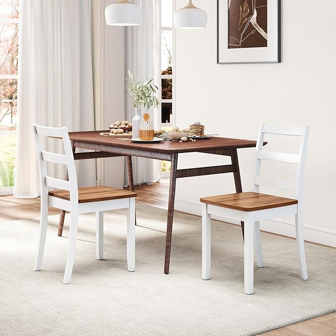 Giantex Dining Chairs, Wooden Armless Kitchen Chairs with Solid Rubber Wood Legs, Farmhouse Ladder Back Dining Chairs for Dining Room (4, White+Brown)