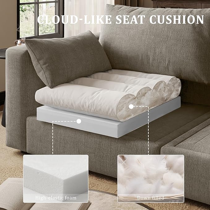 Cloud Modular Sectional Sofa Couch with Storage Ottoman, 128" Oversized Sectional Couches for Living Room, Cloud Modular L-Shaped Sofa with Chaise, 5 Seater, Chenille, Light Gray
