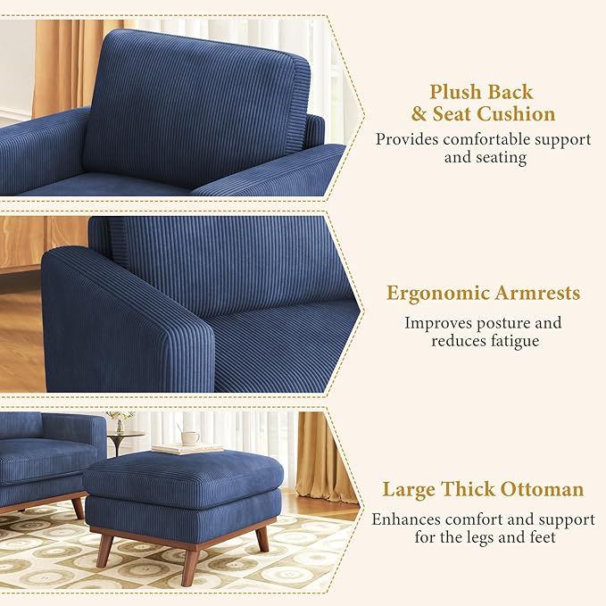 Vesgantti 38.5" Accent Chair with Movable Ottoman, Comfy Corduroy Armchair with Spring Cushion, Reading Chair with Ottoman, Modern Single Sofa for Living Room, Bedroom and Apartment, Dark Blue