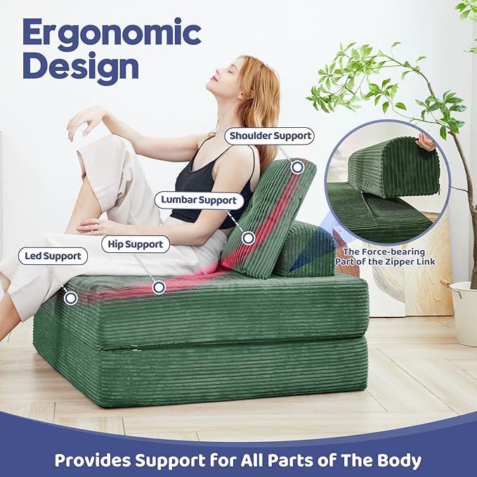 Upgraded Foldable Lazy Sofa Bed,Sofa Cama Barato Featuring a Large Backrest and Pillows,Chair Sleeper Bed for Living Room、 Bedroom 、Balcony 、Hotel、 Apartment,Twin Size,Emerald Green