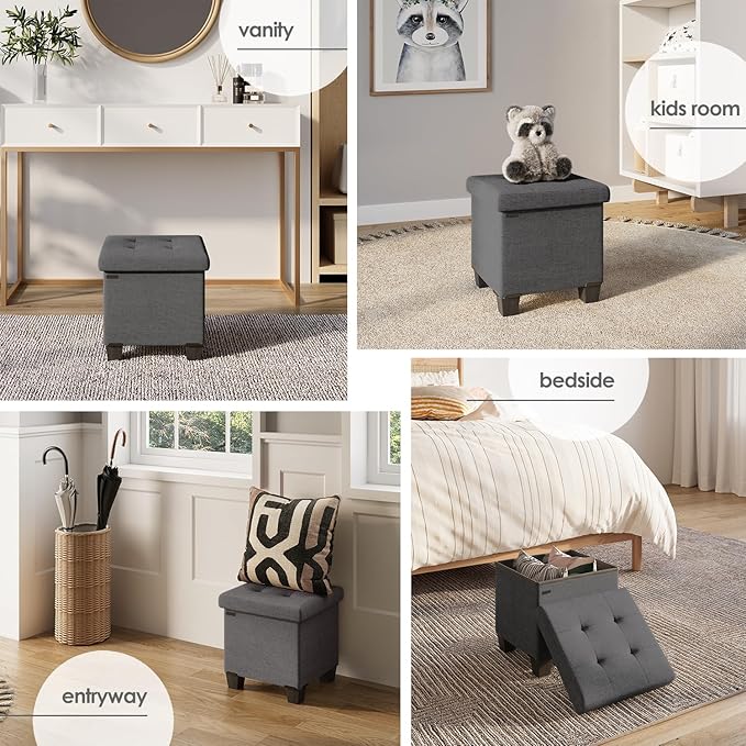 Storage Ottoman Cube with Small Bin, 16-in Square Ottoman with Storage for Living Room and Bedroom, Small Ottomans Foot Rest, Fabric Foot Stools Ottomans Max 330lbs, Grey