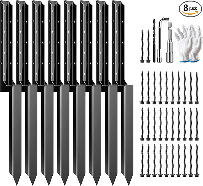 VIVOSUN Fence Post Repair Kit, Heavy-Duty Ground Spike with Gloves for Repairing Tilted or Broken Wood Posts (8 Pack, Black)